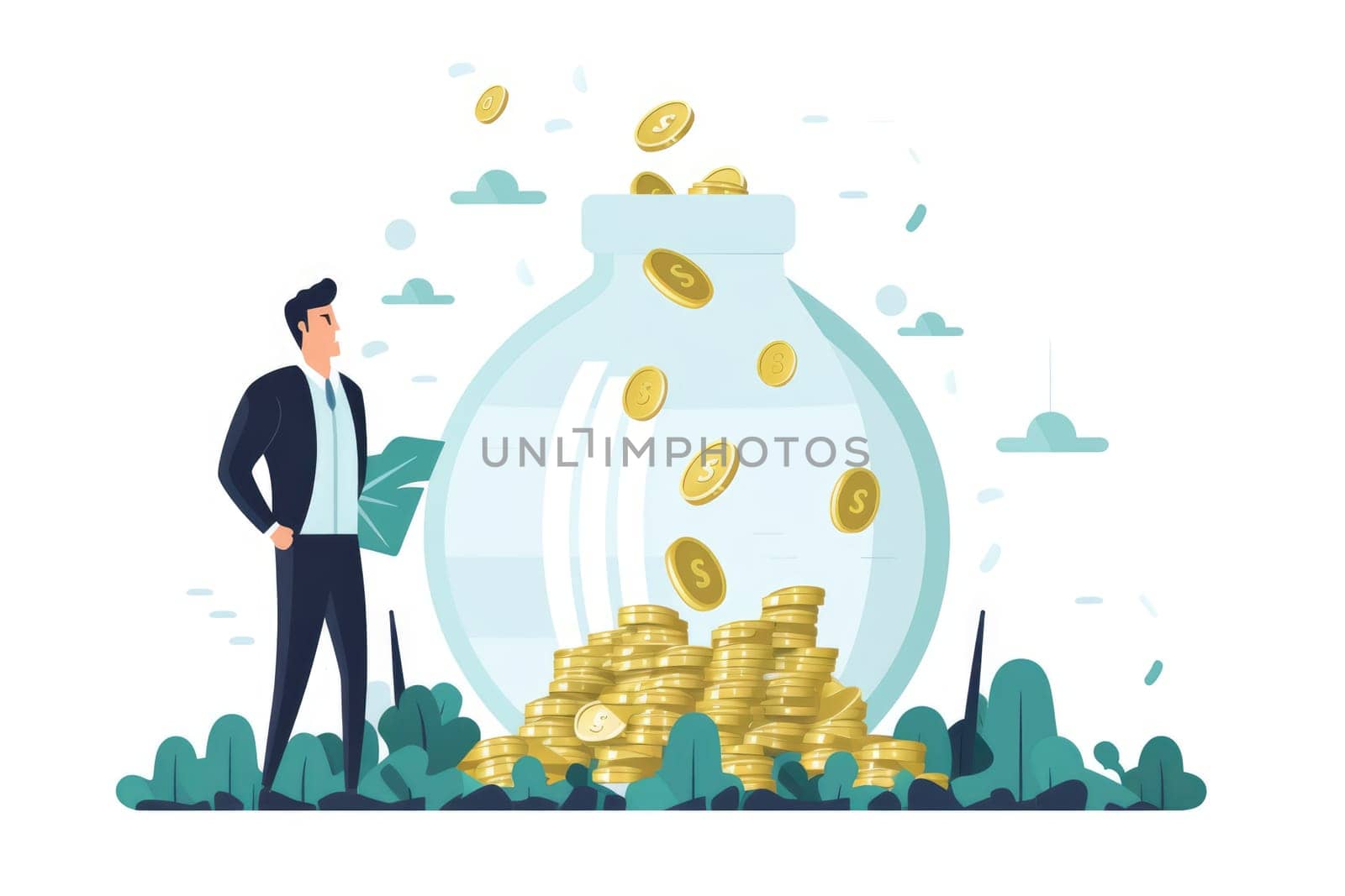 Profit the amount of money cartoon illustration - Generative AI. Man, sitting, top, coin. by simakovavector