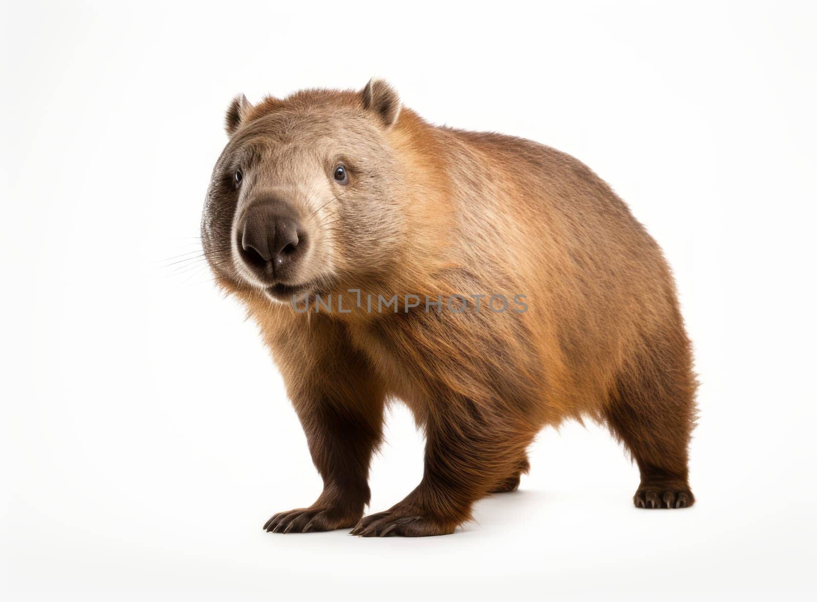 A wombat, a marsupial native to Australia, standing on all fours and looking at the camera