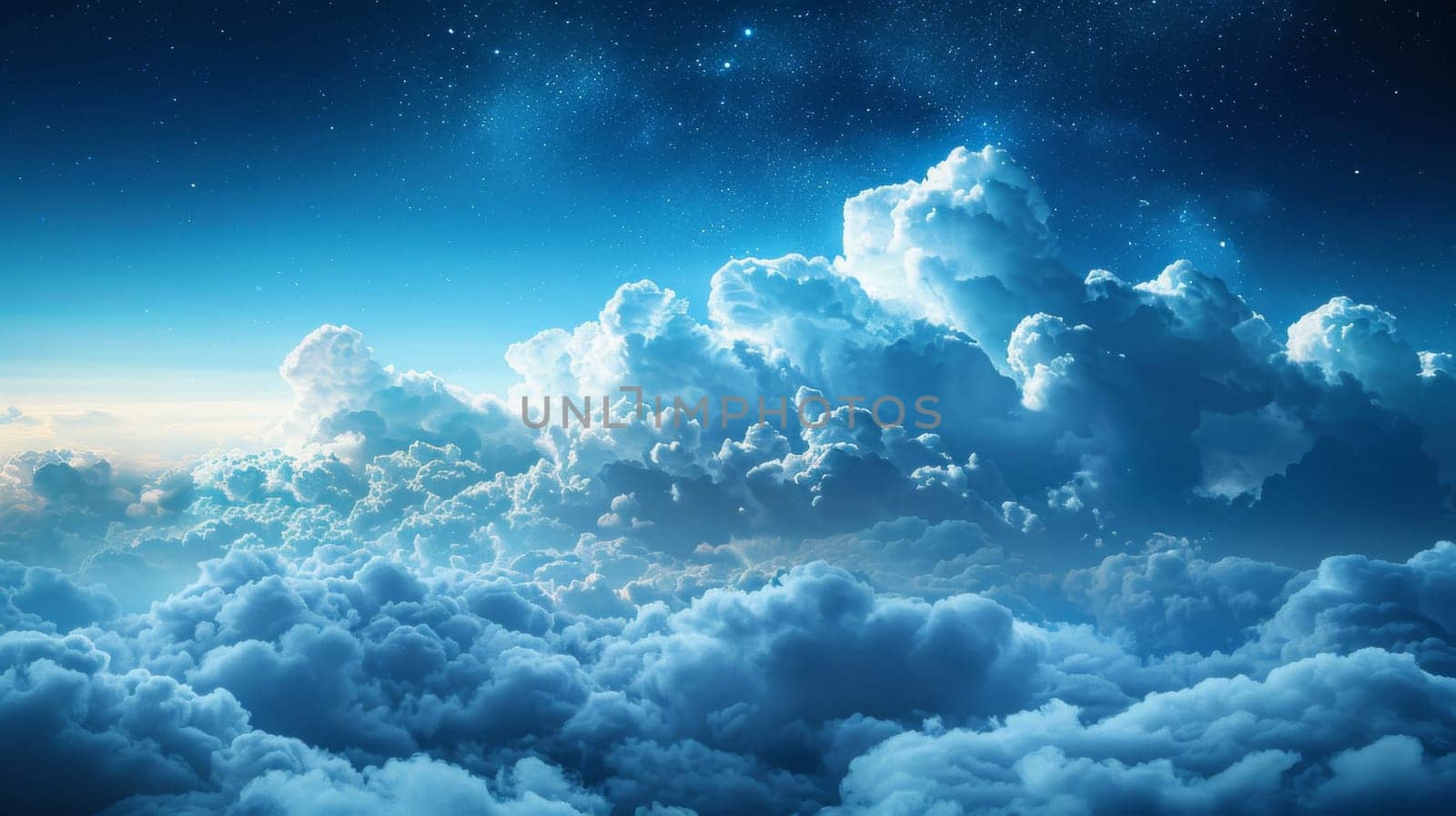 A view of a blue sky with clouds and stars in the background