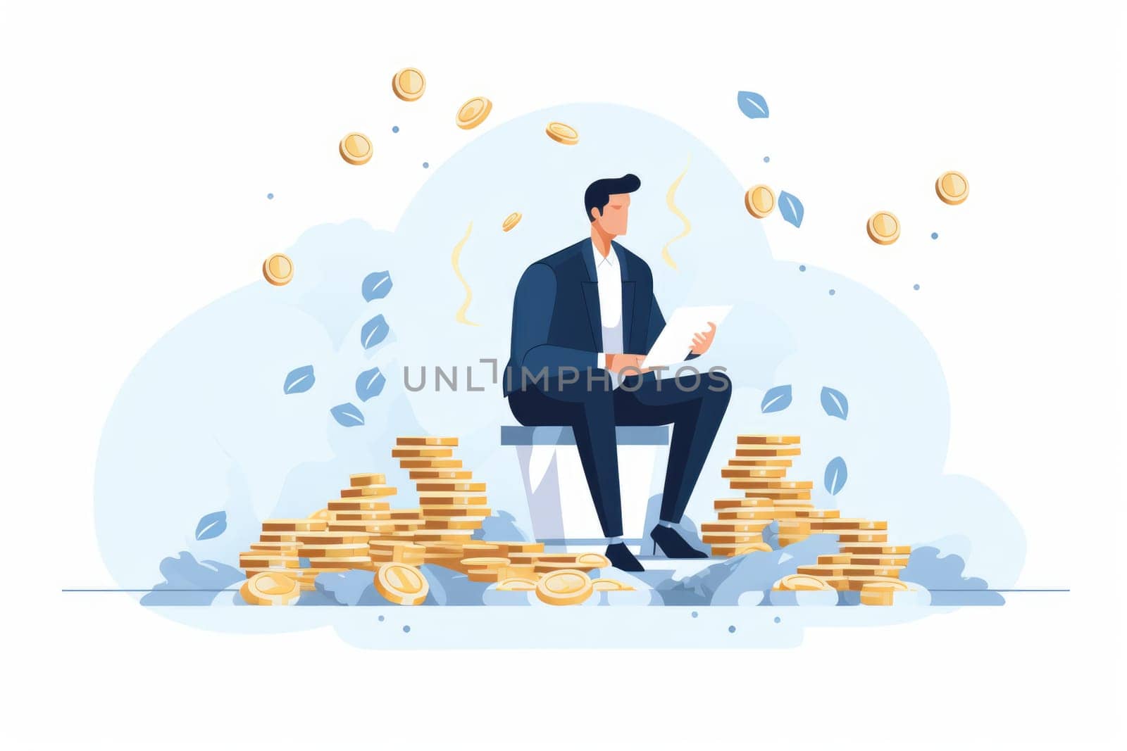 Revenue the total amount of money cartoon illustration - Generative AI. Businessman, sitting, suit, coin. by simakovavector