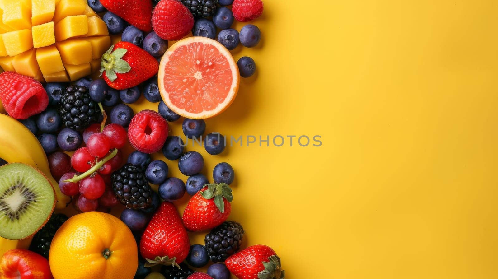 A close up of a variety fruit on yellow background