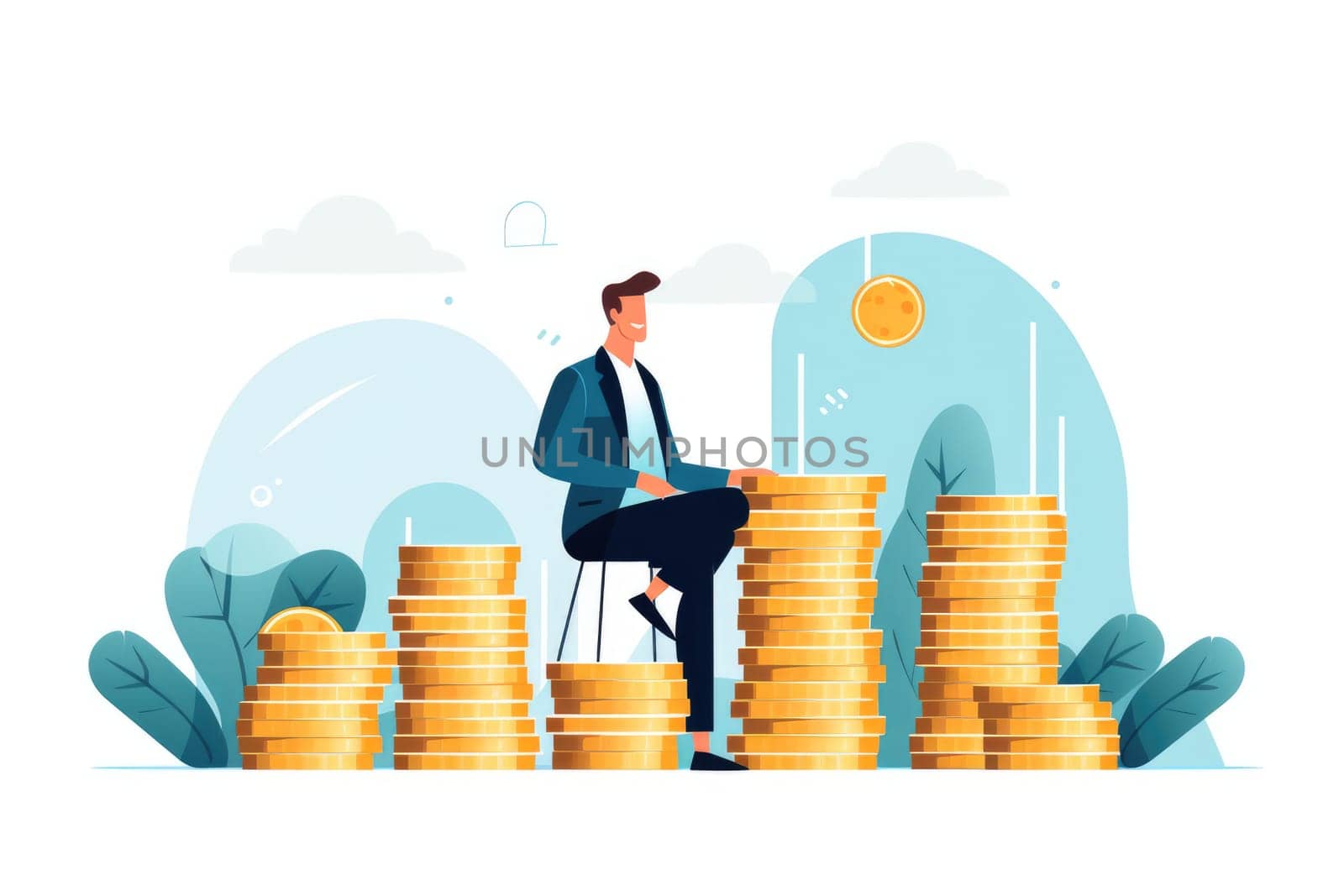 Revenue the total amount of money cartoon illustration - Generative AI. Businessman, sitting, suit, coin. by simakovavector