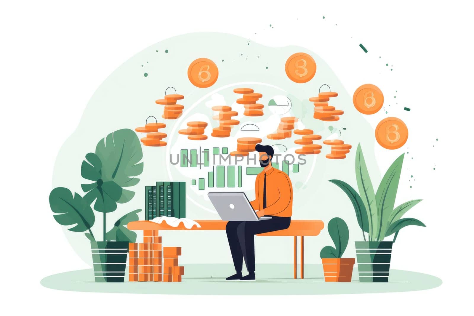 Revenue the total amount of money cartoon illustration - Generative AI. Businessman, sitting, suit, coin. by simakovavector