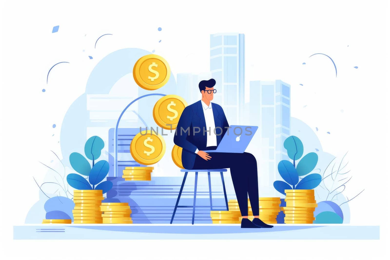 Revenue the total amount of money cartoon illustration - Generative AI. Businessman, sitting, suit, coin. by simakovavector