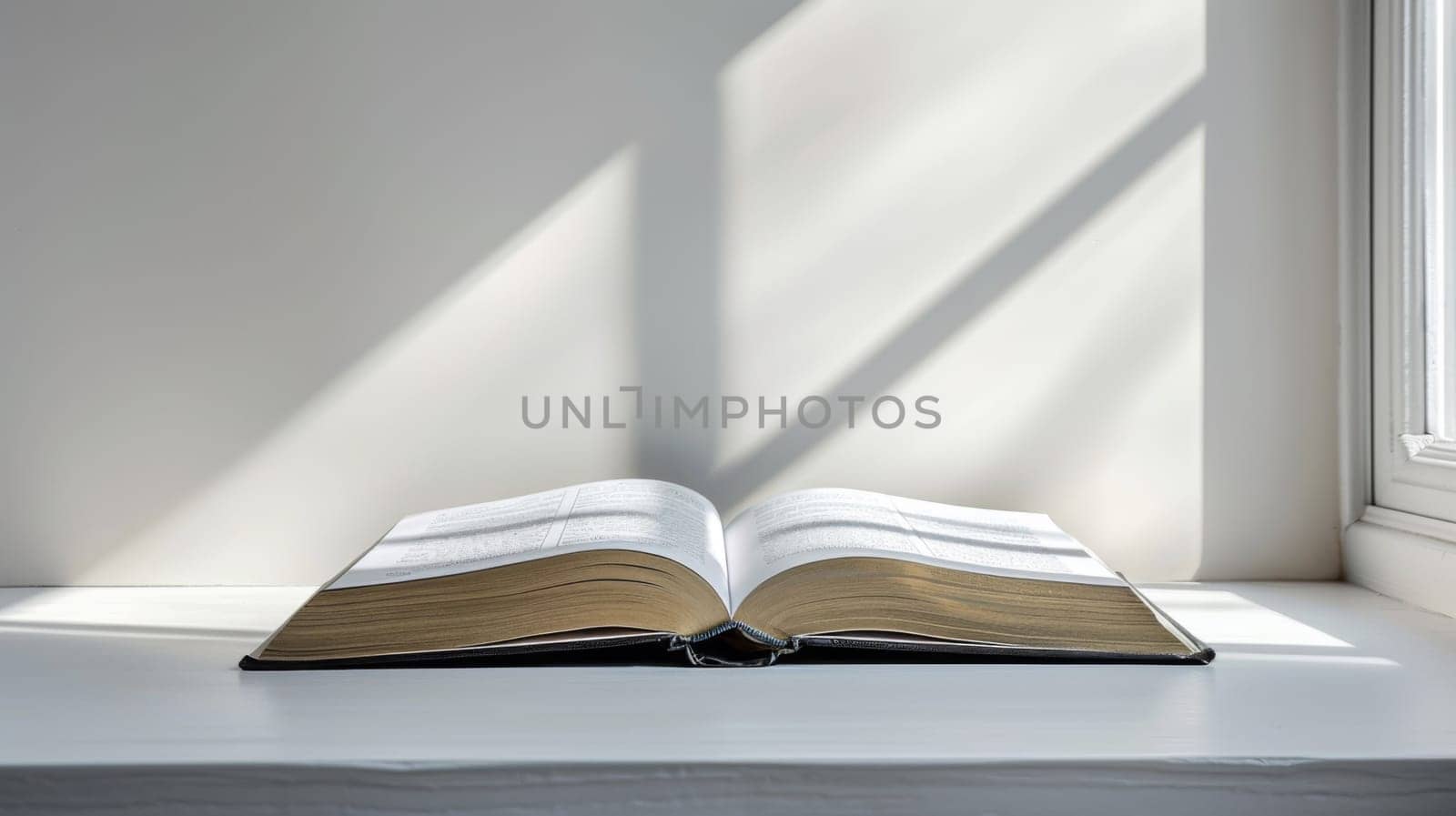 A book open on a white table with sunlight shining through the window