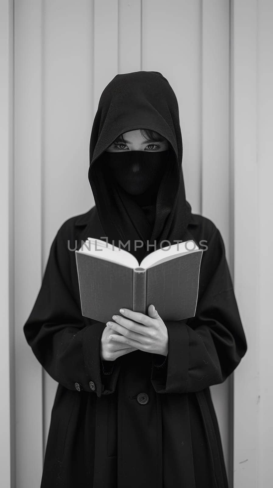 A person in a hooded robe holding an open book