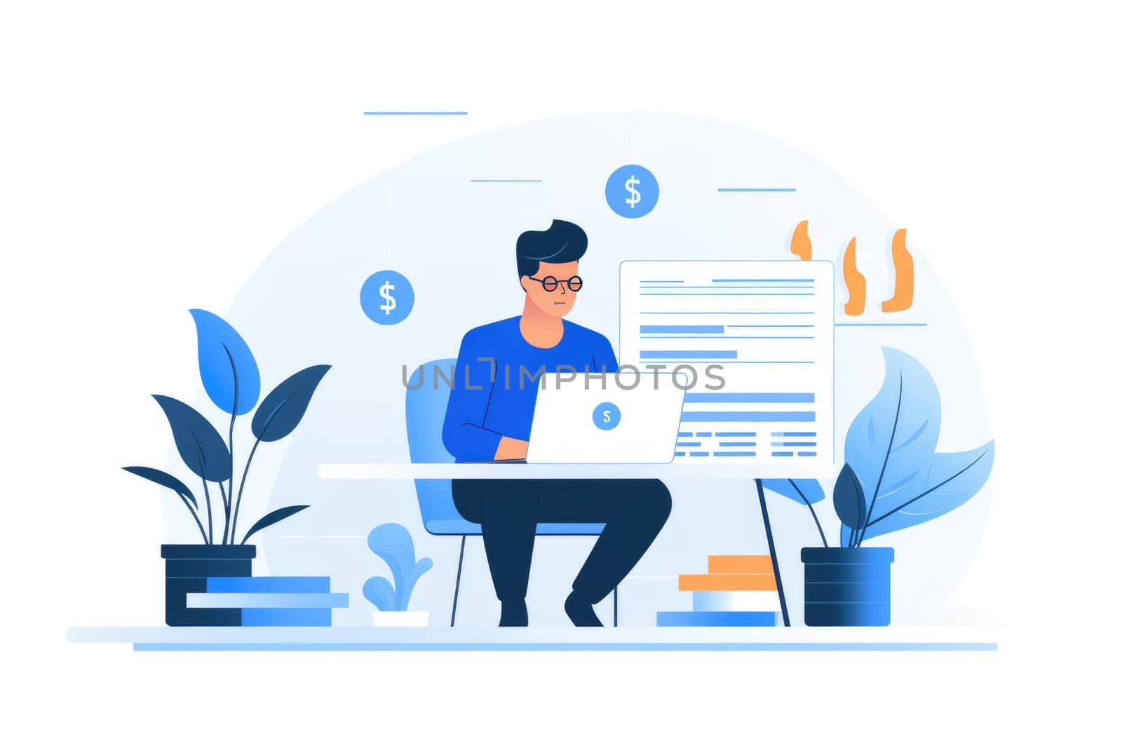 Revenue the total amount of money cartoon illustration - Generative AI. Businessman, sitting, suit, coin. by simakovavector