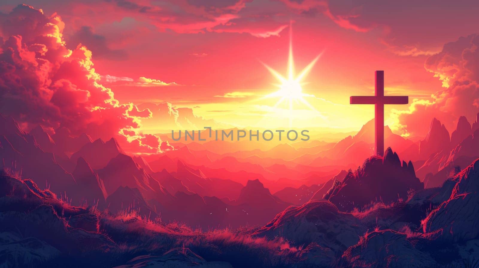 A cross is on top of a mountain with the sun setting behind it