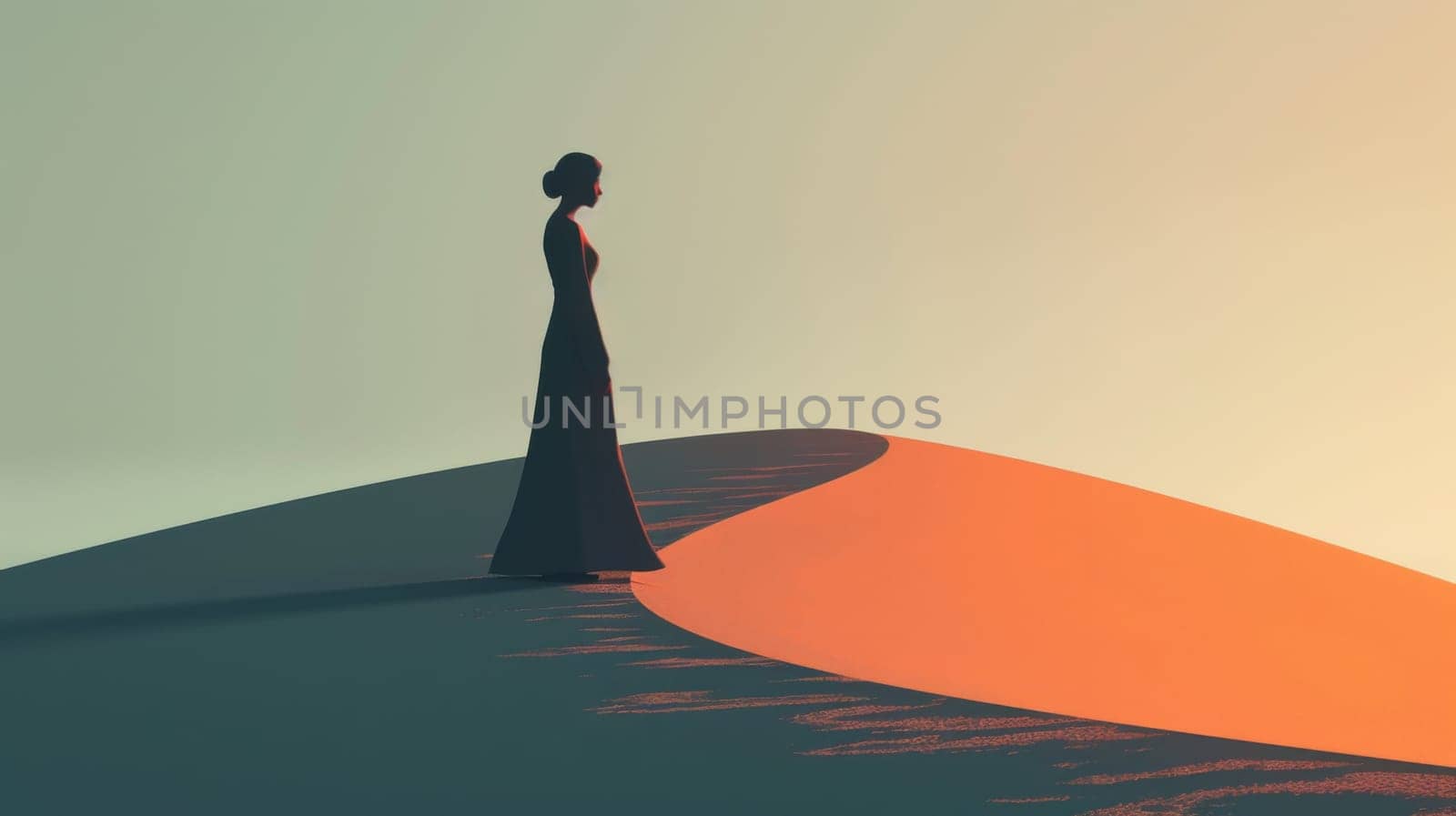 A woman in a long dress standing on top of an orange sand dune