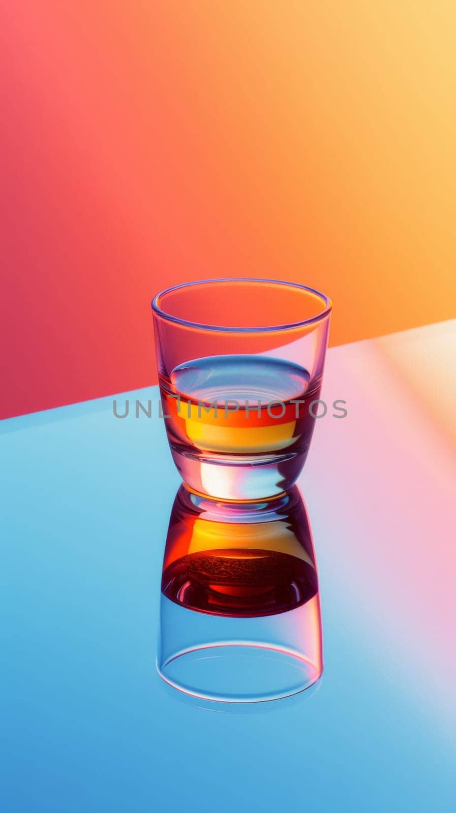 A glass of alcohol on a colorful background with reflections