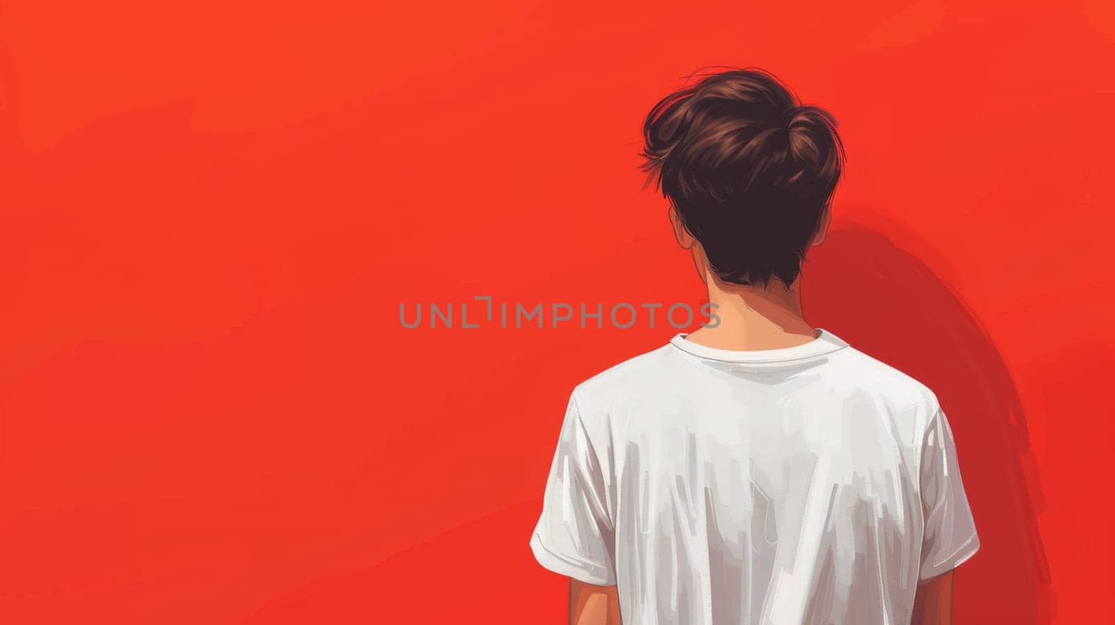 A man in a white shirt standing against an orange wall
