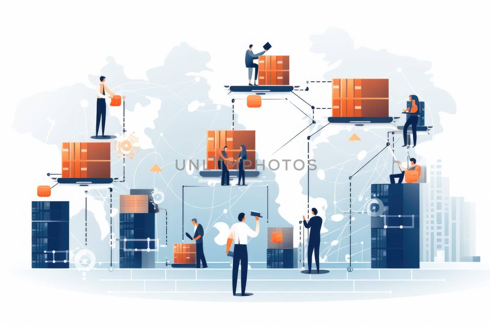 Supply chain cartoon illustration - AI generated. Warehouse, box, workers, chain.