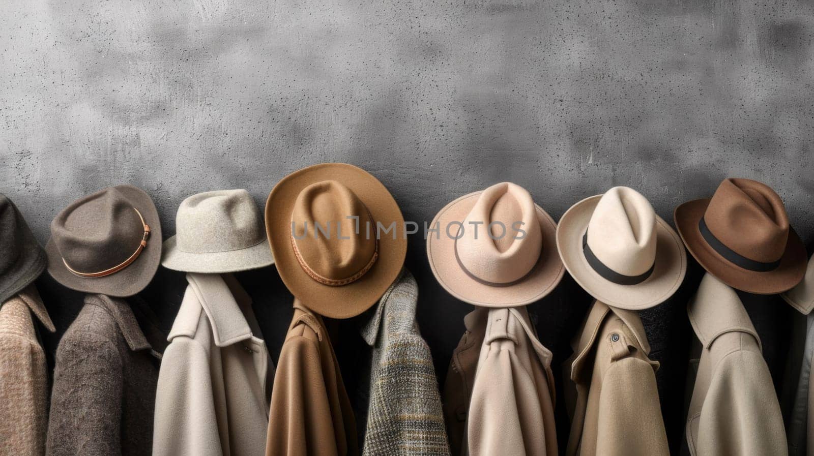 A row of hats hanging on a wall with coats