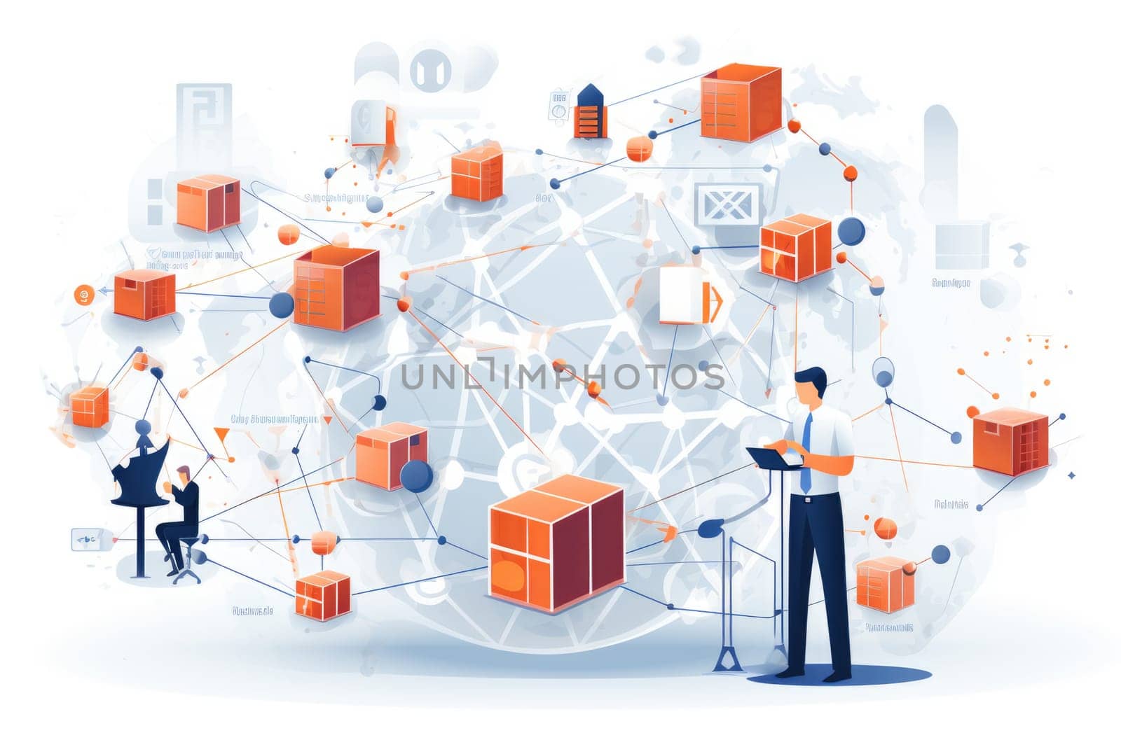 Supply chain cartoon illustration - AI generated. Warehouse, box, workers, chain.