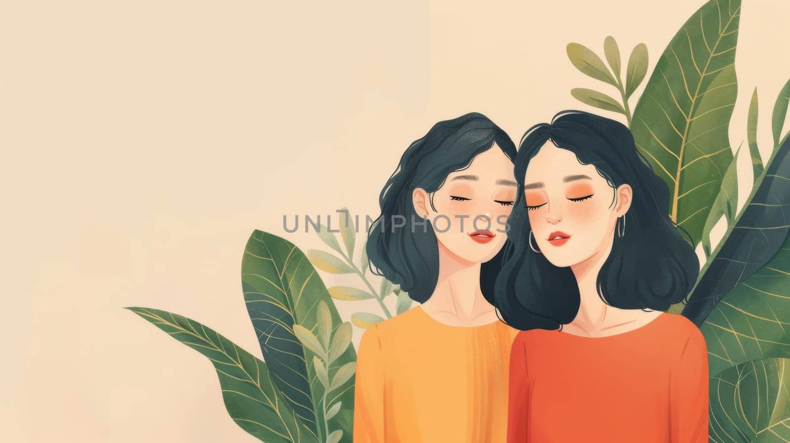 Two women hugging each other with leaves behind them