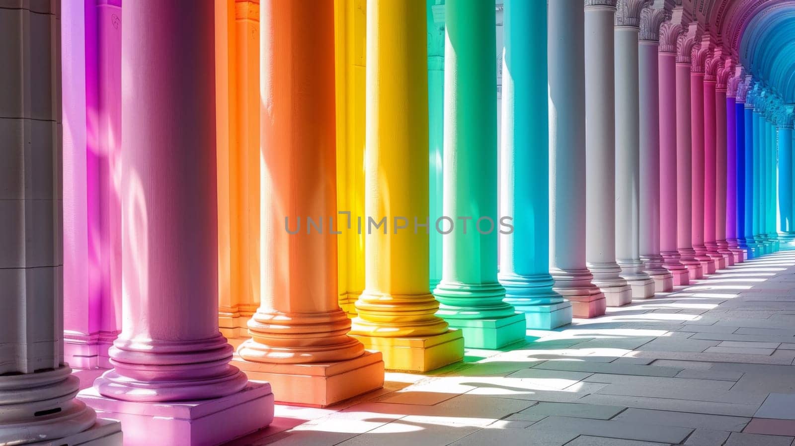 A row of colorful pillars in a hallway with sunlight shining through