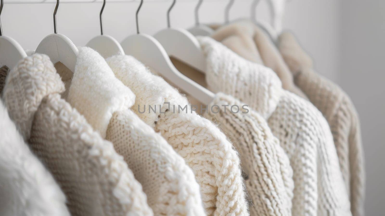 A row of white sweaters hanging on a rack in front of the wall