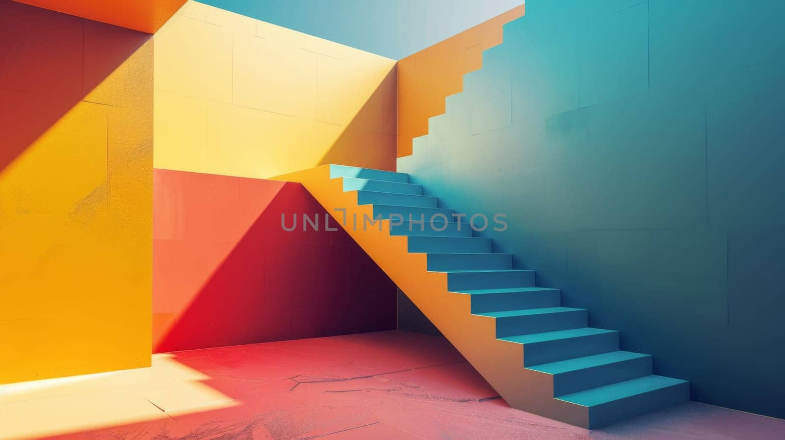 A stairway leading up to a room with bright colors
