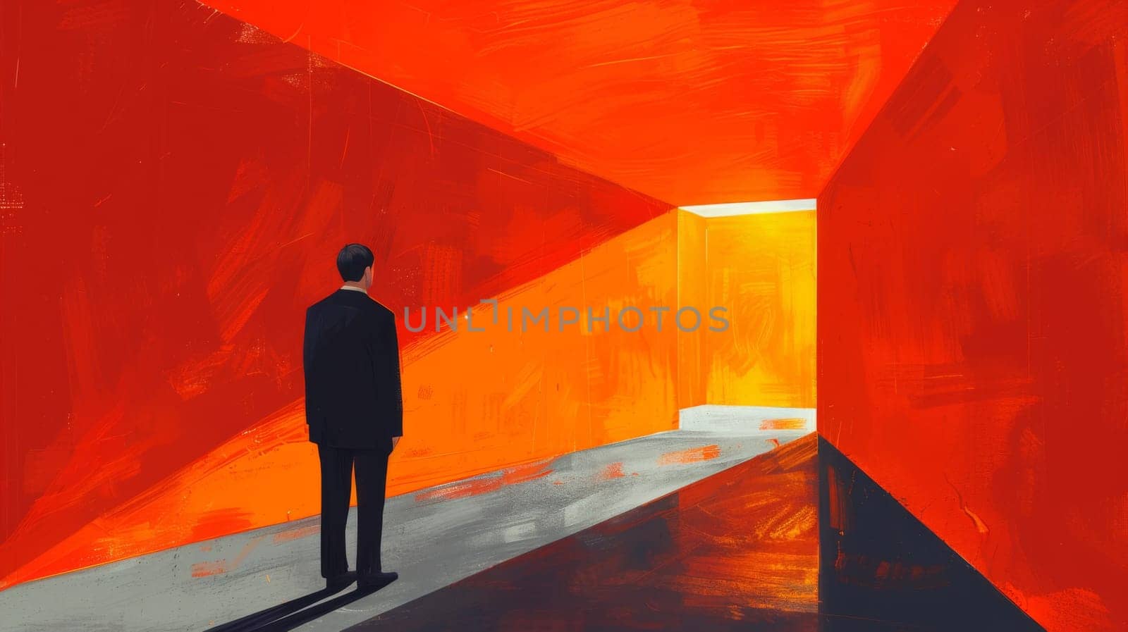 A painting of a man in black suit standing alone at the end of an empty hallway