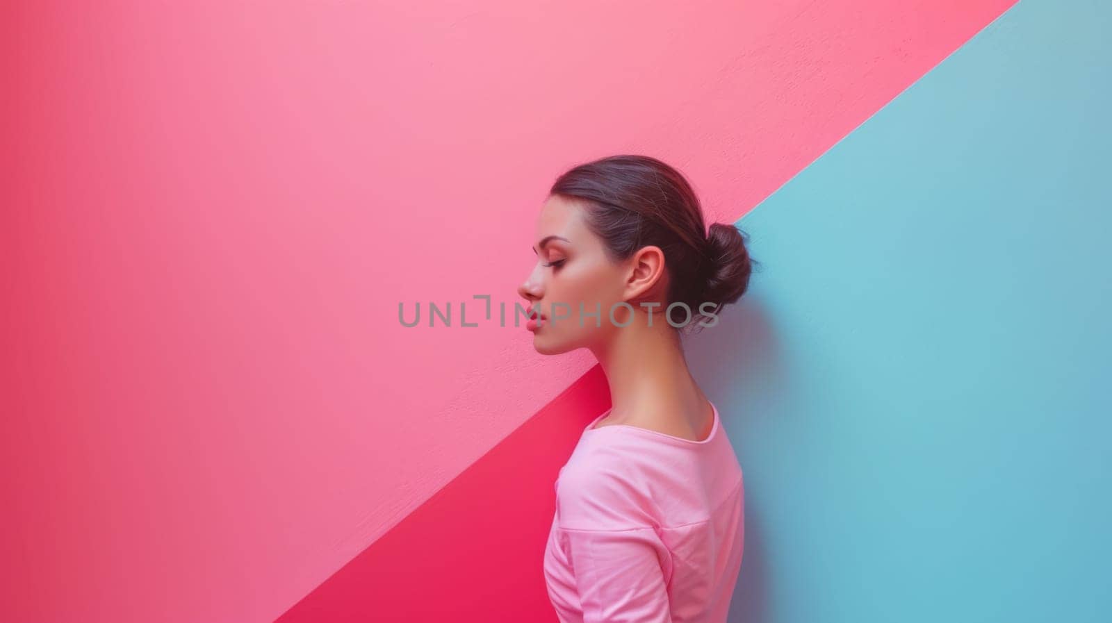 A woman in a pink shirt against two different colored walls
