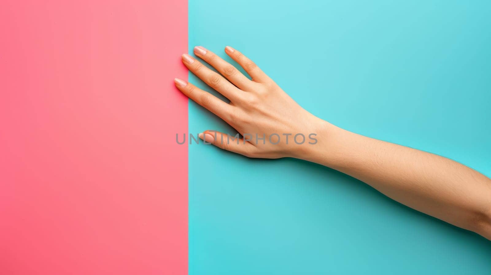 A hand reaching out to touch a pink and blue wall