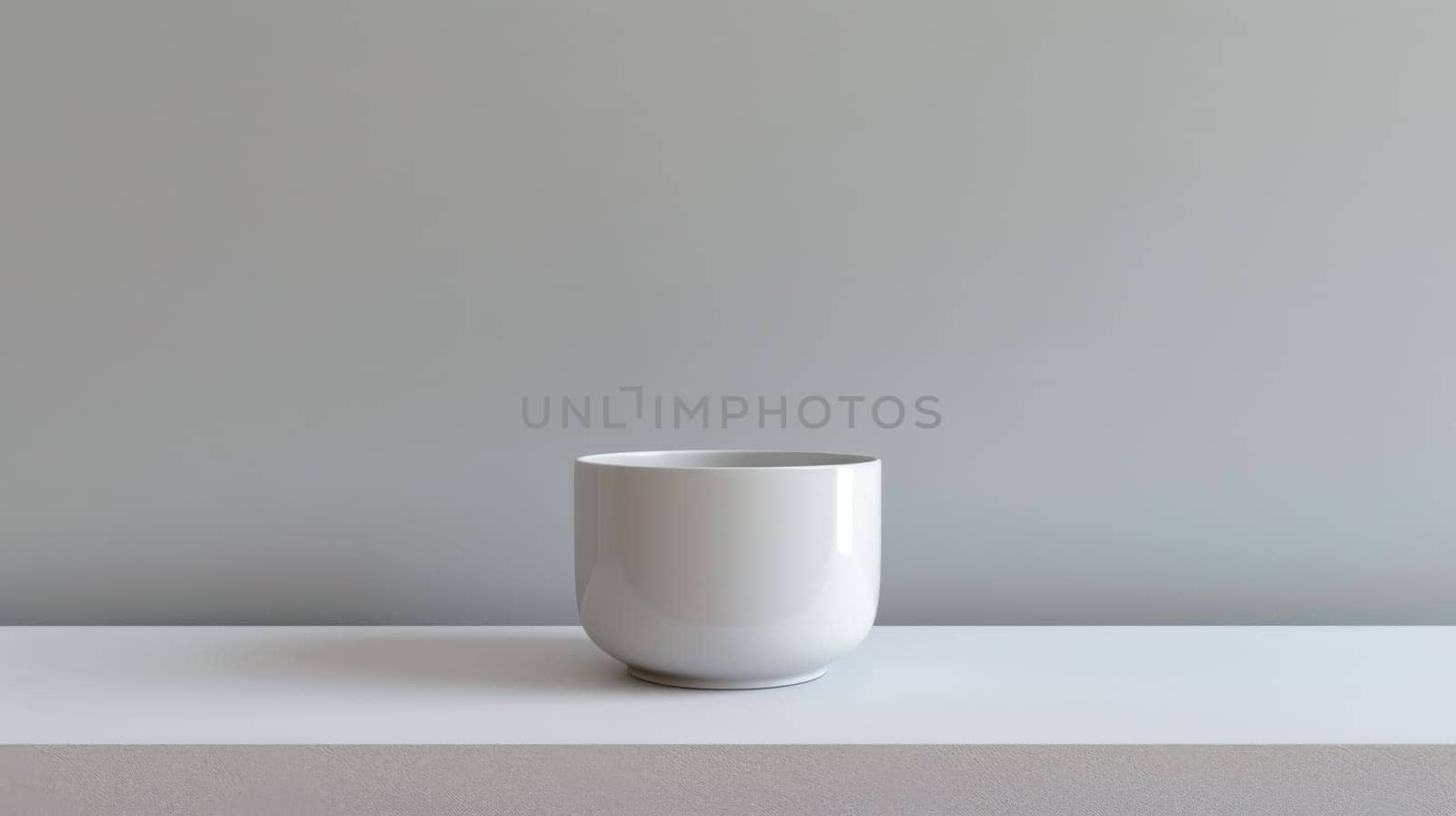 A white cup sitting on a shelf in front of an empty wall