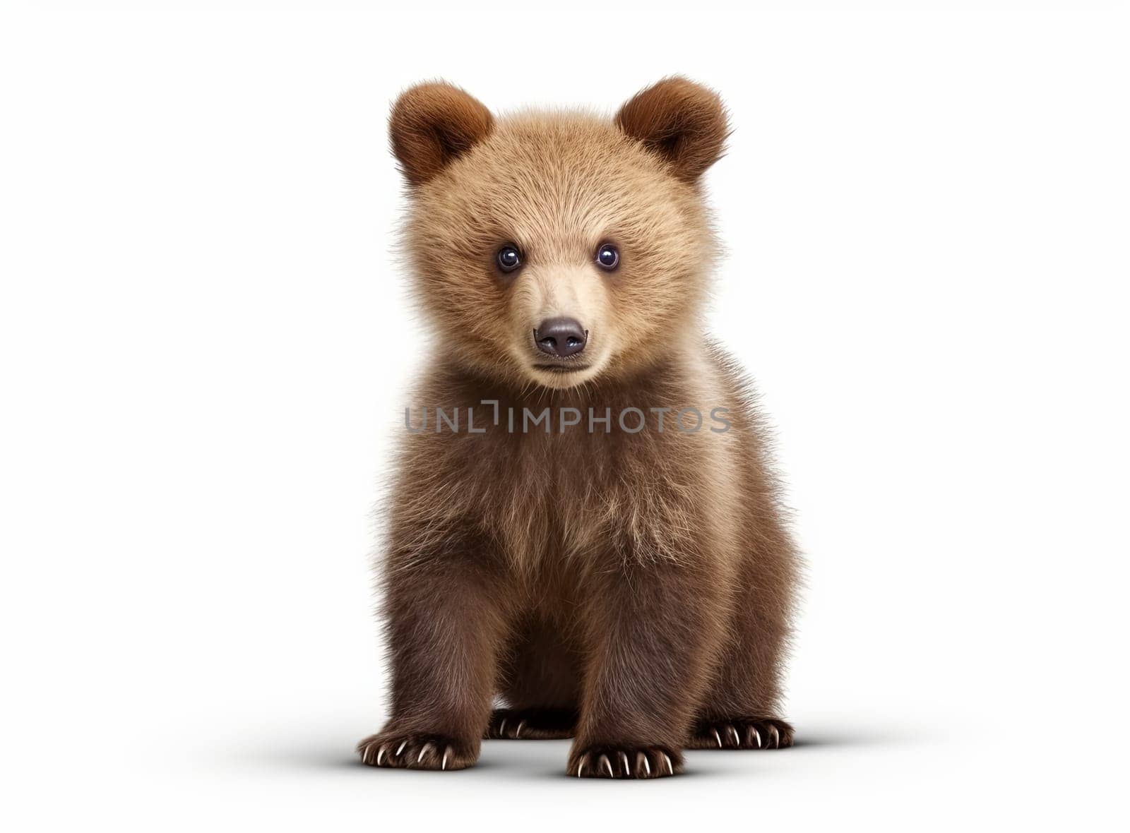 A photo-realistic image of a baby bear standing on all fours against a white background
