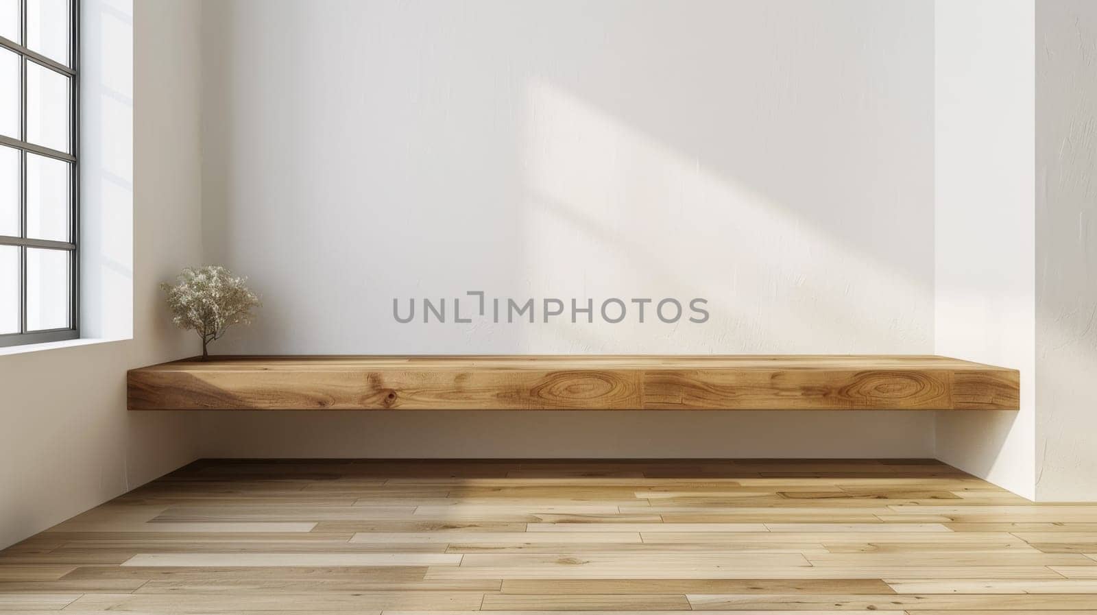 A white room with a wooden bench and window in the corner