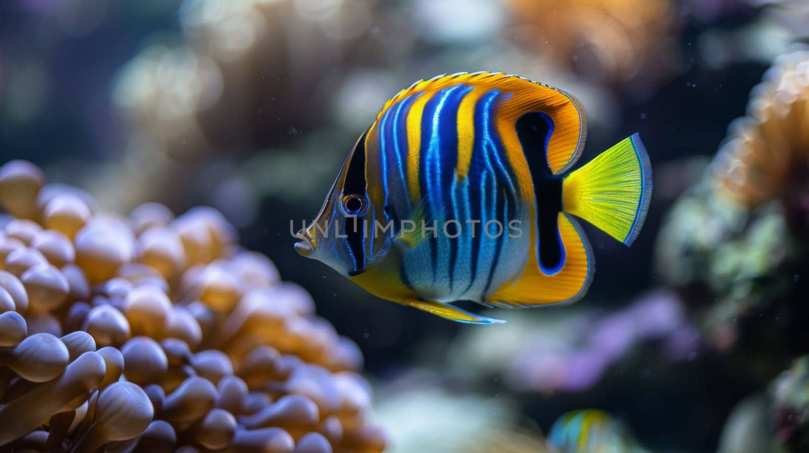 A colorful fish swimming in a tank with coral and other sea life