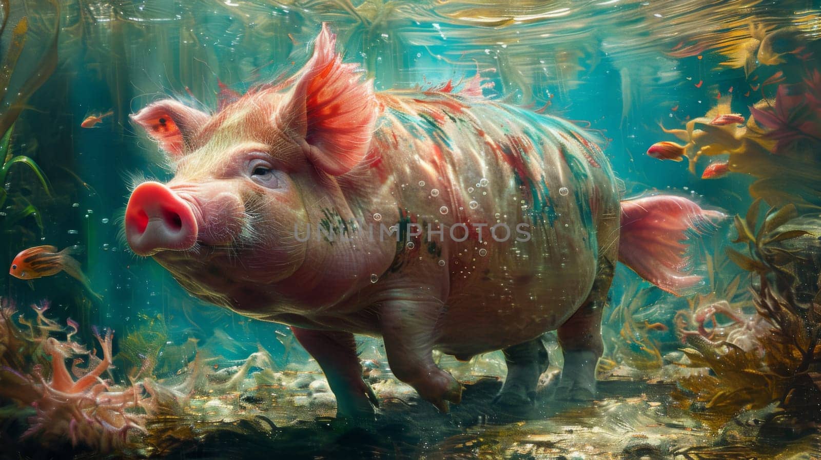 A large pig swimming in a sea of plants and fish