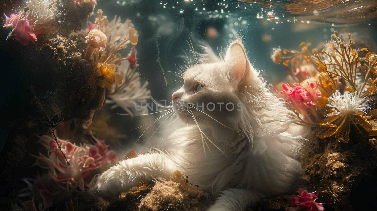 A white cat is sitting on top of a coral reef