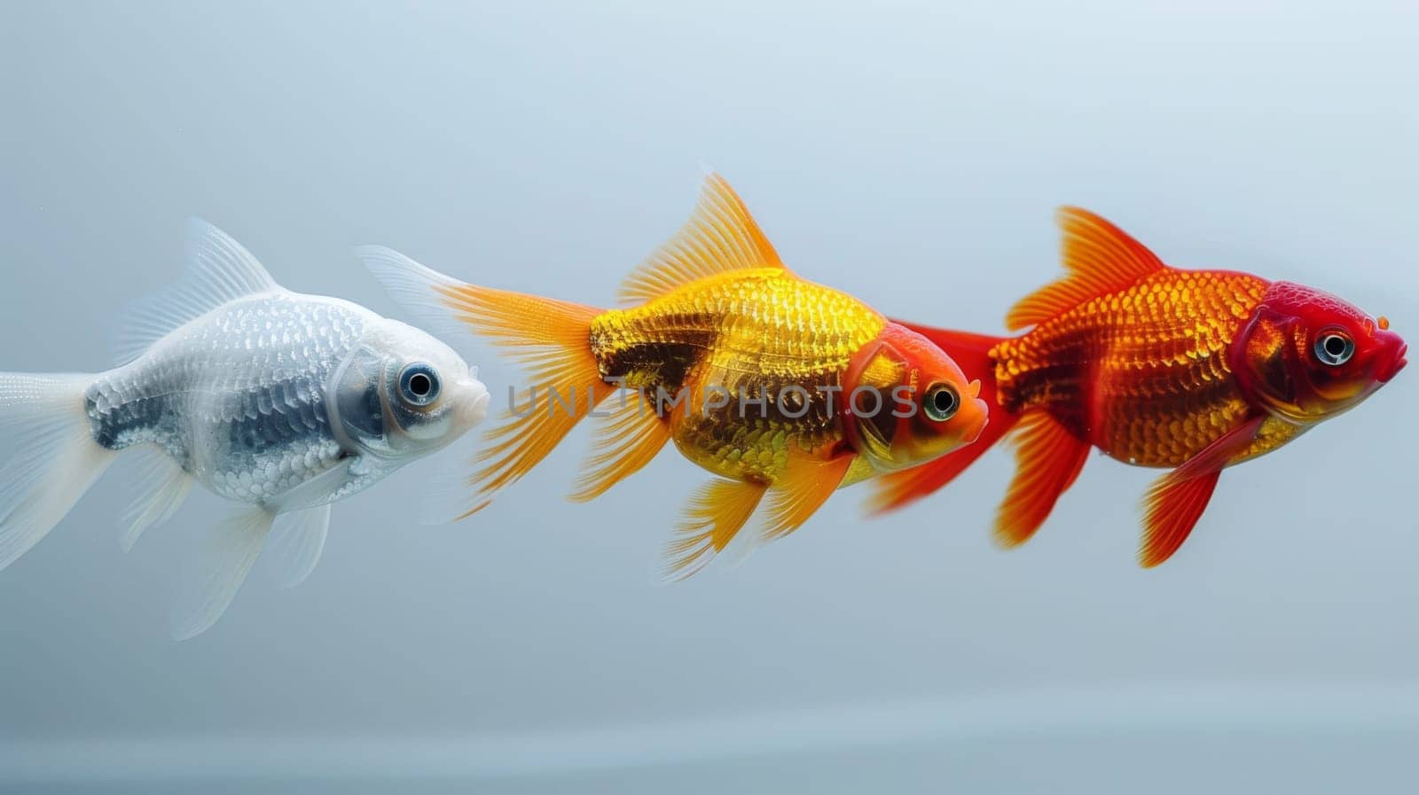 Three goldfish are swimming in a row against the wall