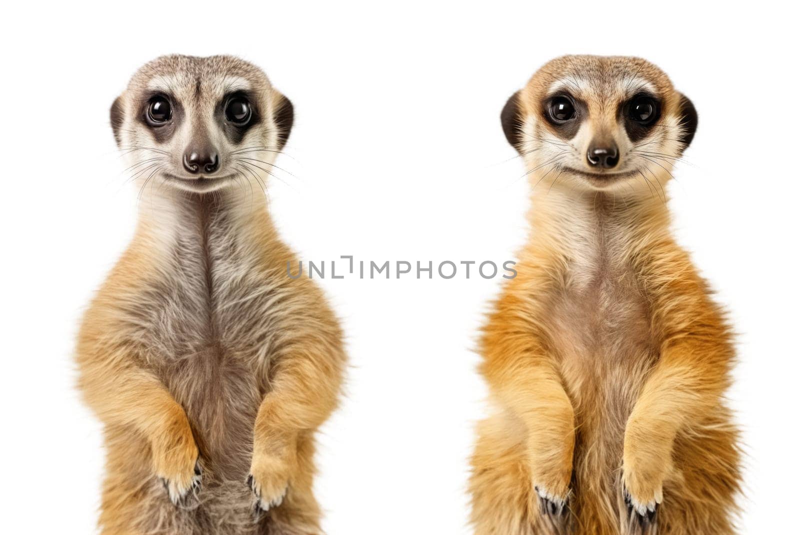 Two beautiful small meerkat stands on its hind legs and looks into the camera isolated on a white background. Cute male and female Suricata suricatta standing upright facing front close up