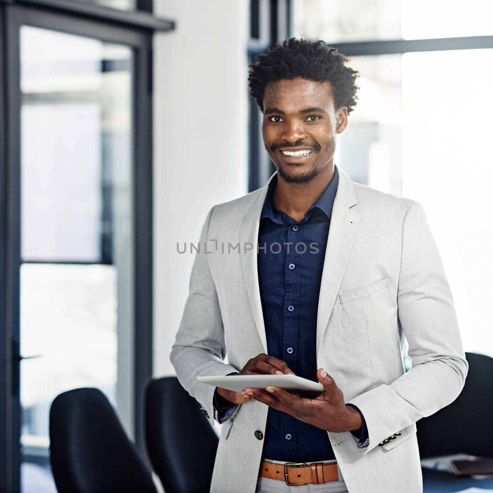 Black man, portrait and business with tablet in office for research, development or corporate improvement. African businessman with smile on technology for communication or productivity at workplace.