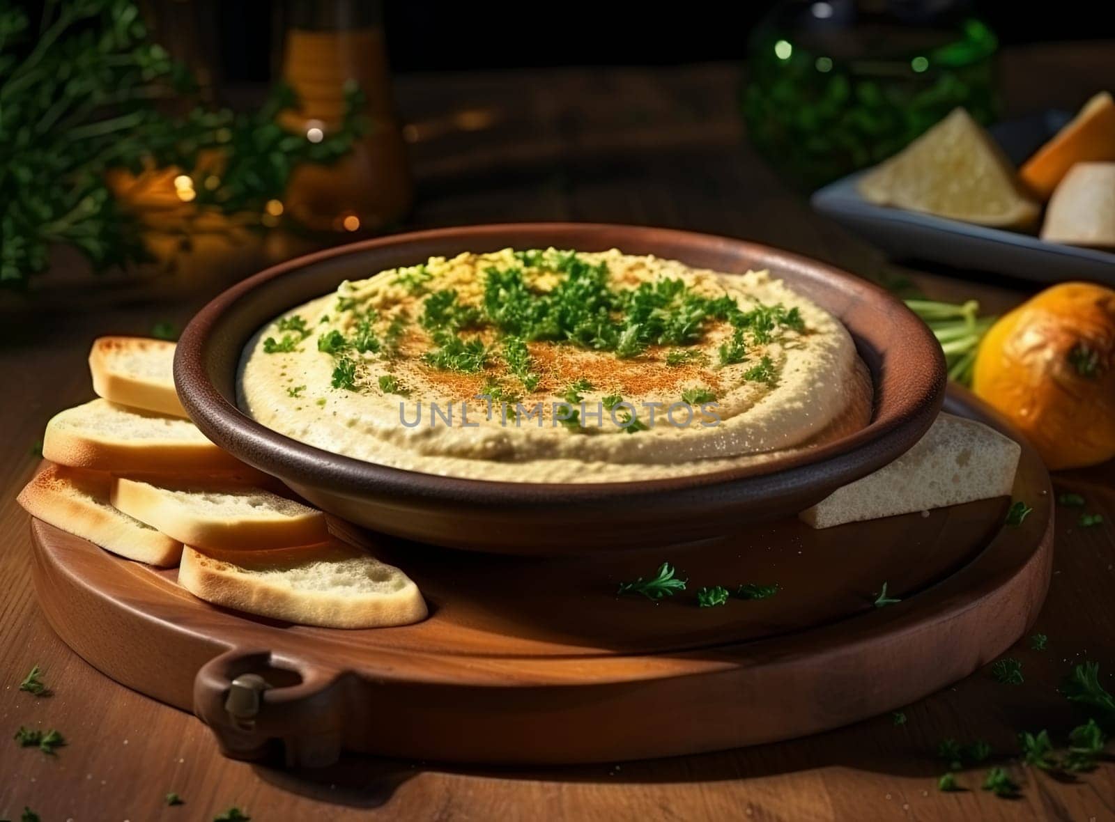 Close-up of hummus in a clay plate with parsley and croutons. Dishes of chickpeas on wooden board. Vegetarian healthy dish