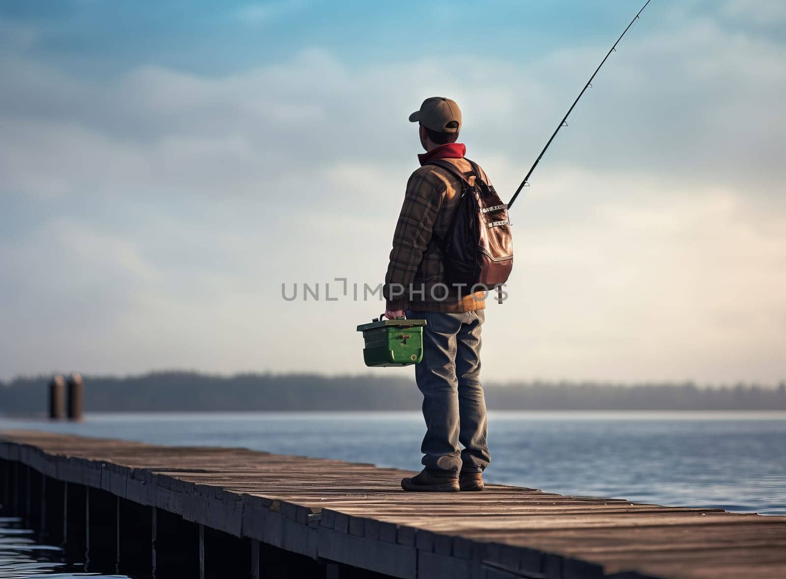 Man in plaid jacket fishing on a wooden pier at dawn, with a green bucket box and a tranquil lake in the background