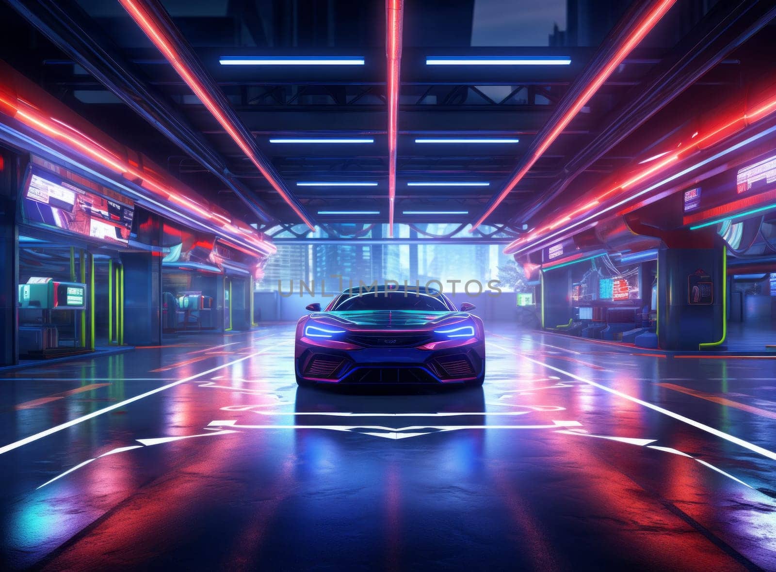 Mirror purple sports car parked on a futuristic city street lined with neon lights and skyscrapers