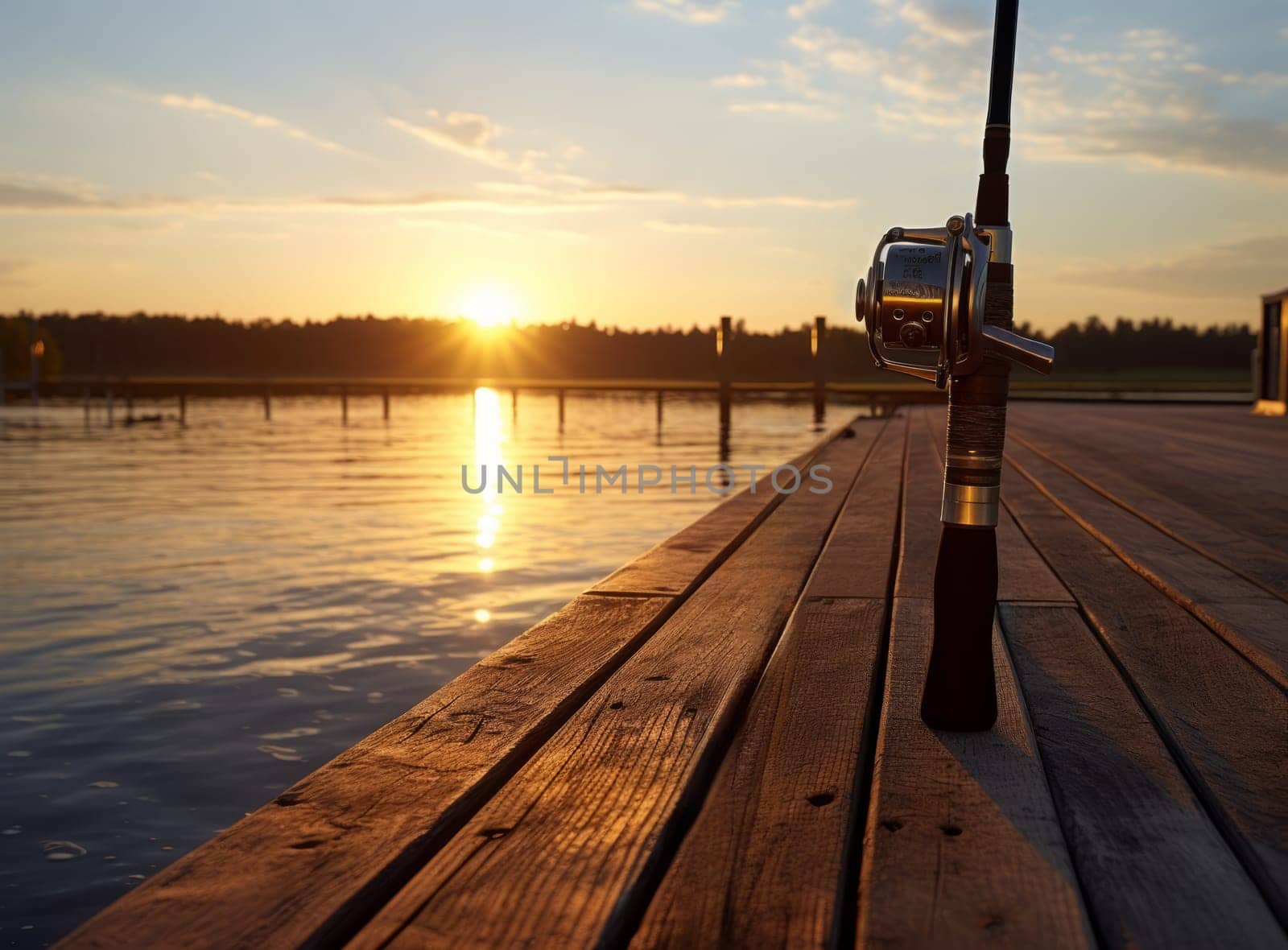 A fishing rod on a wooden dock at sunset with the sun setting over the horizon and calm water