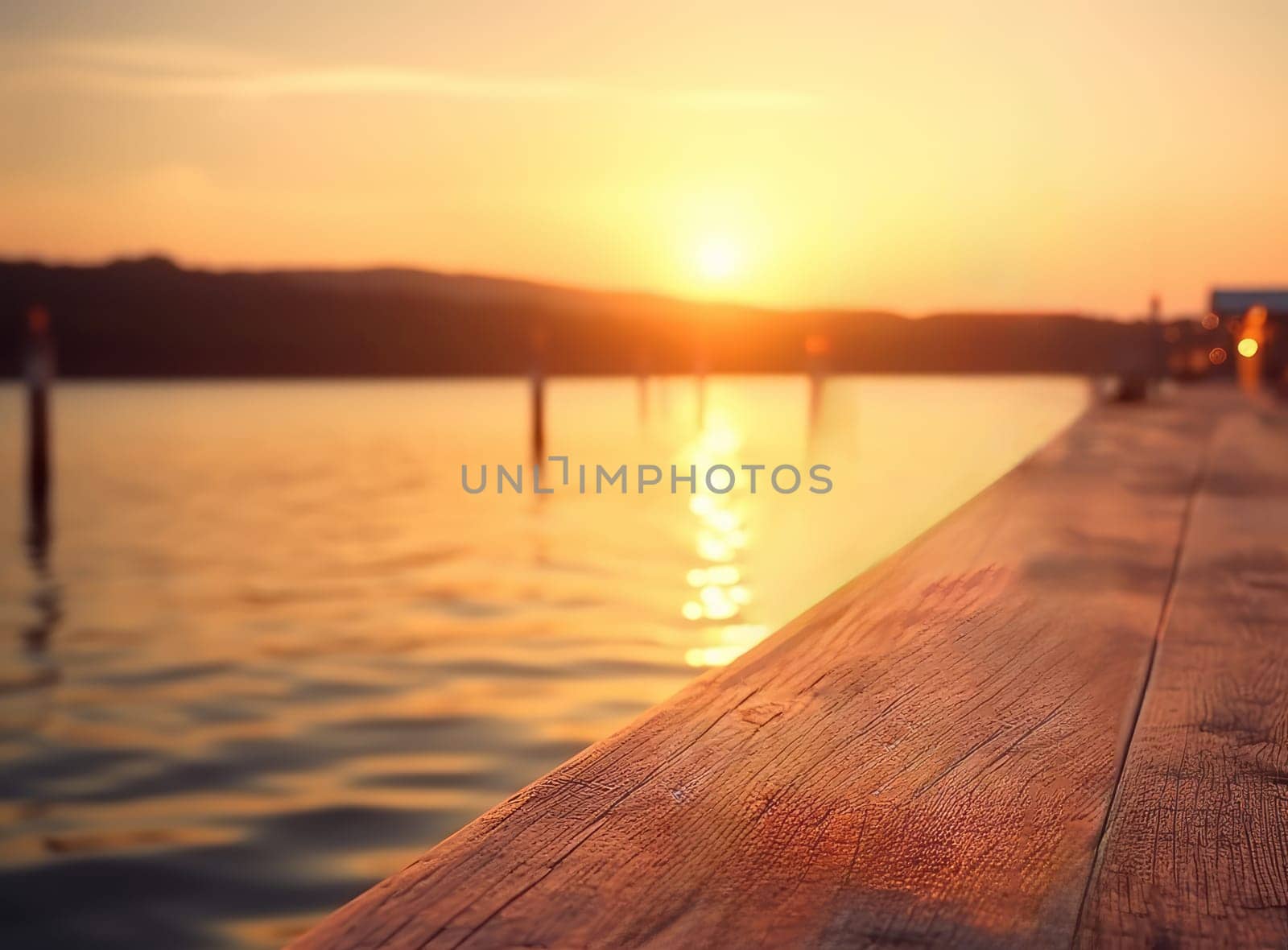 Beautiful sunset over a tranquil lake with a wooden pier in the foreground