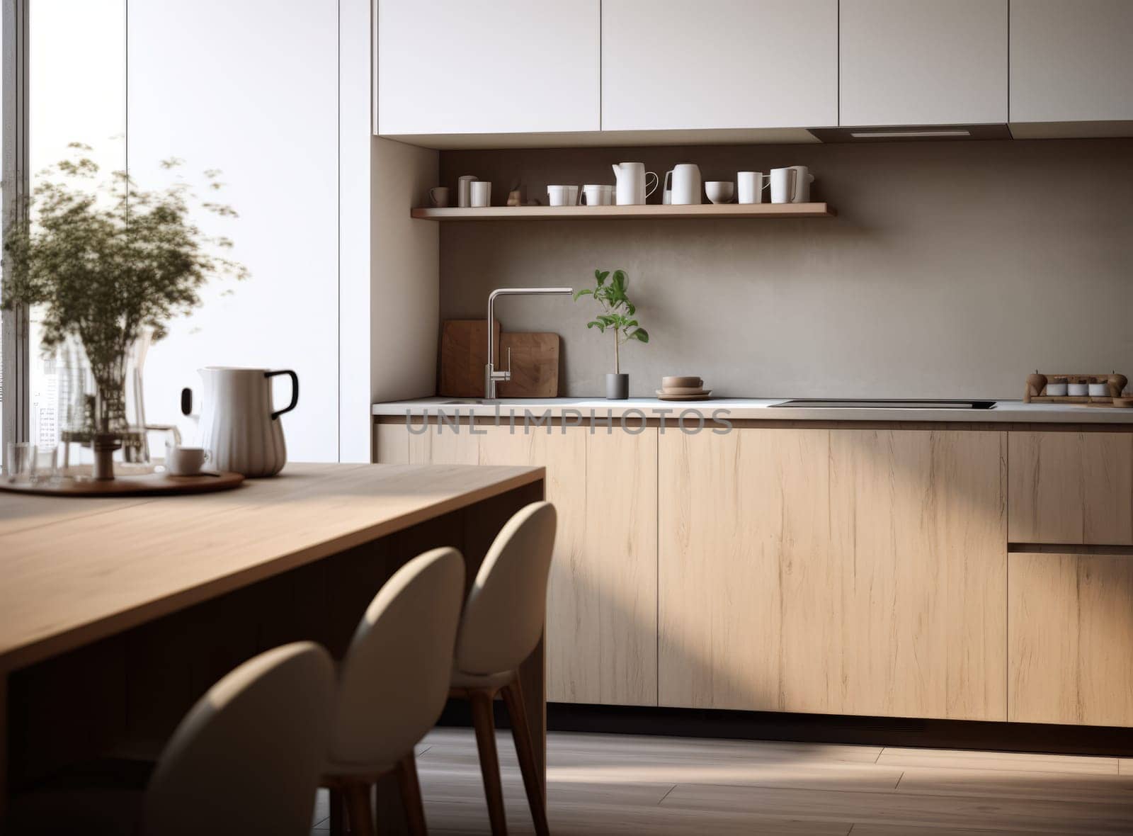 Modern kitchen with wooden cabinets, white countertop, sink, coffee maker, kettle, plants, and cups on shelves