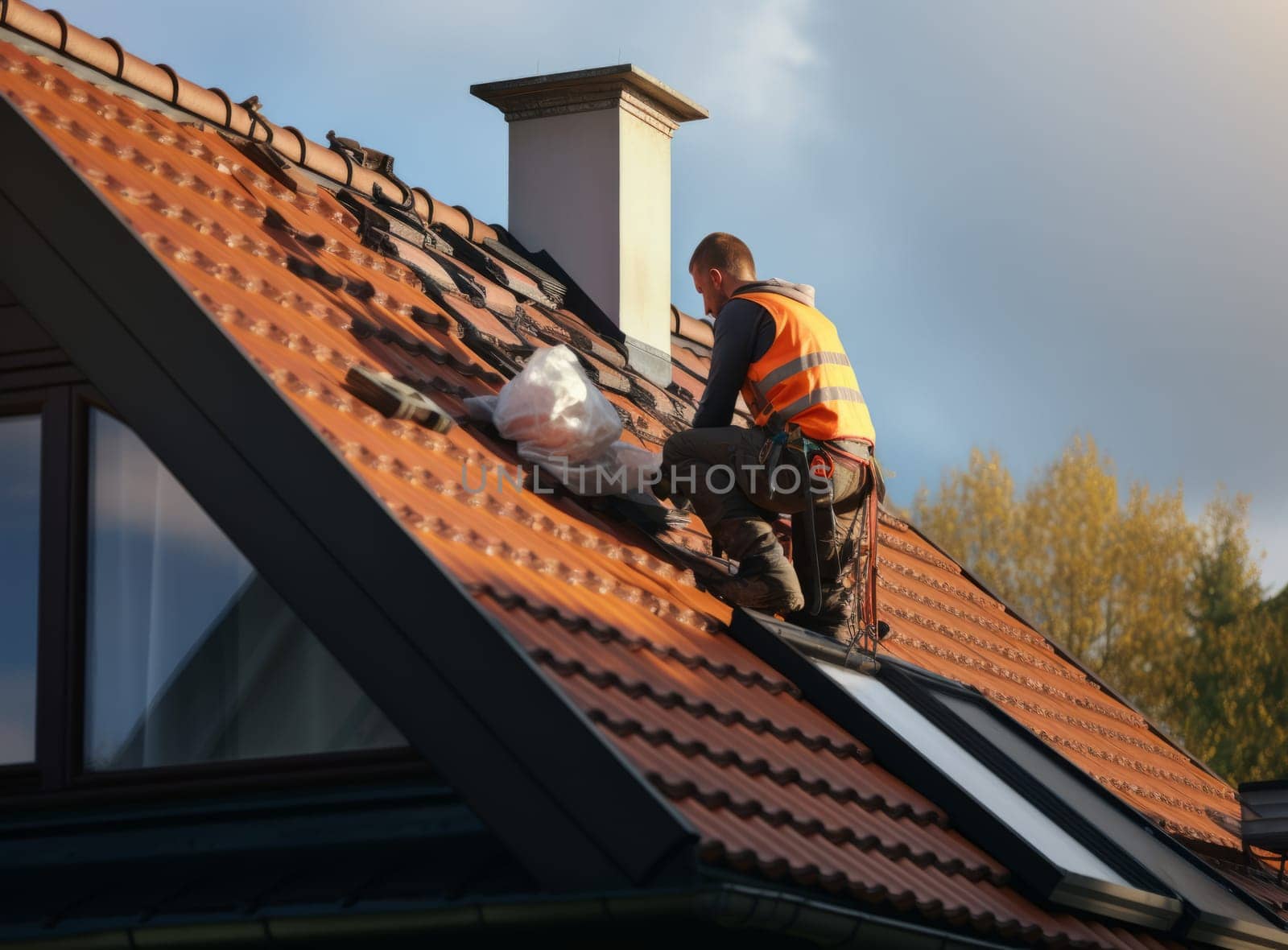 Roofer working on a roof with a chimney and dormer windows against a blue sky and autumn trees