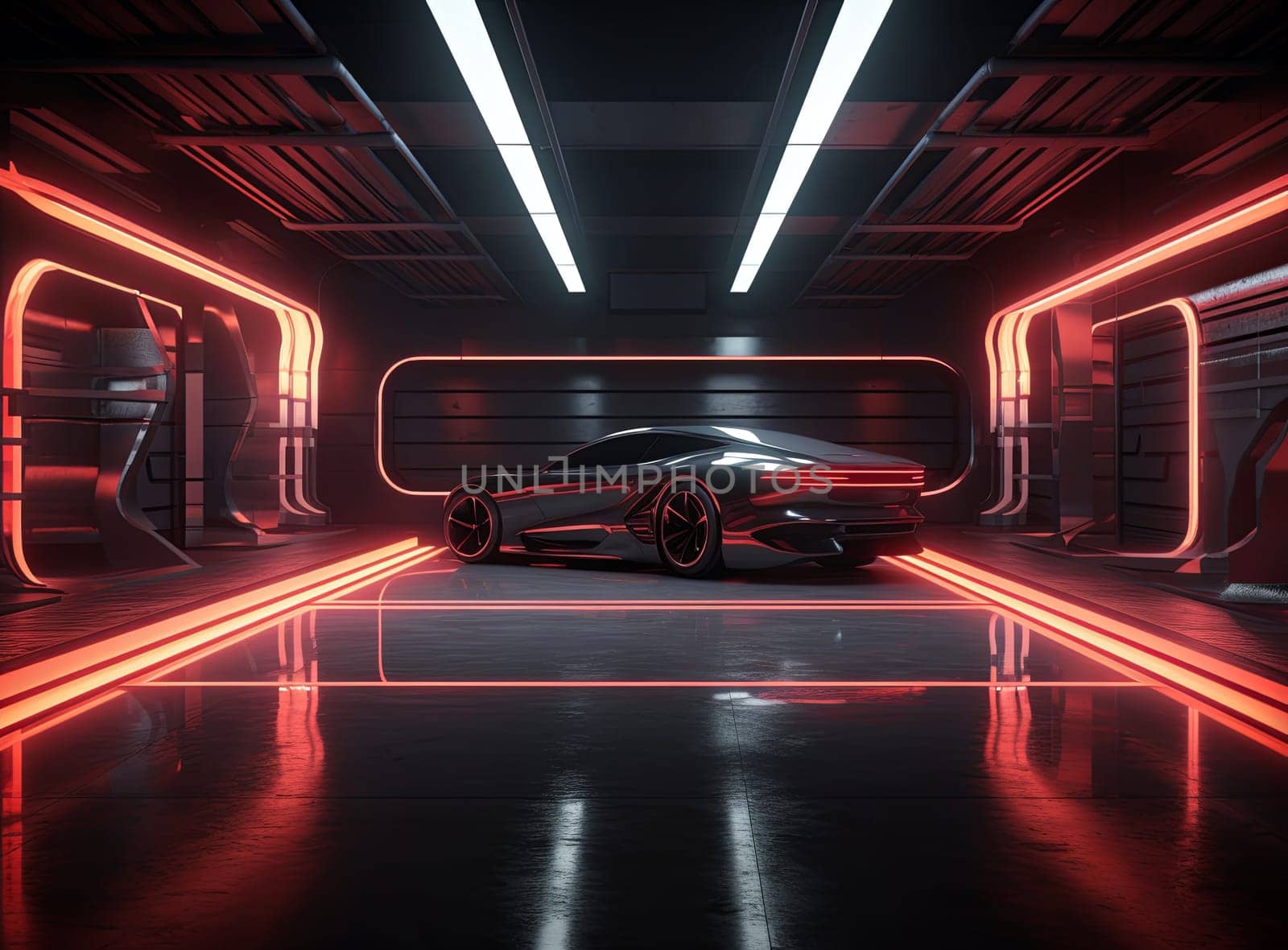 Futuristic black sports car showcased in a red-lit, high-tech garage