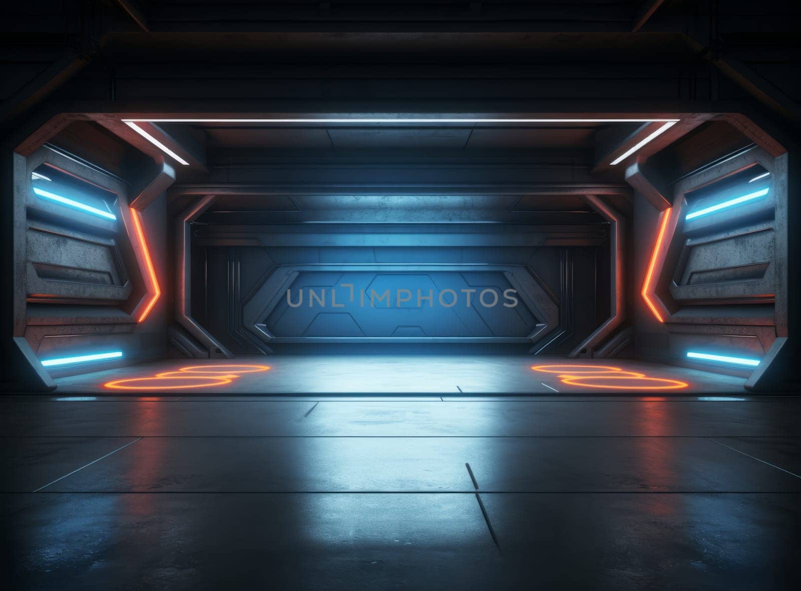 Futuristic 3D sci-fi corridor with blue and orange neon lights
