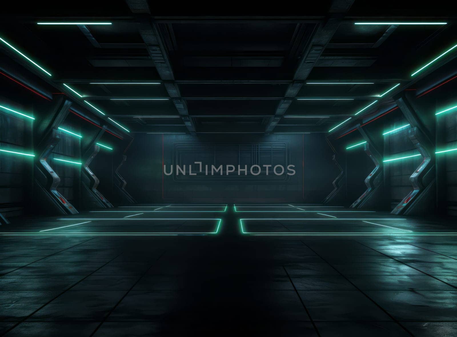 Empty underground warehouse garage with neon green led laser light. Sci Fi cyber dark room - glowing studio stage with reflective floor. Futuristic spaceship corridor or hangar with gate