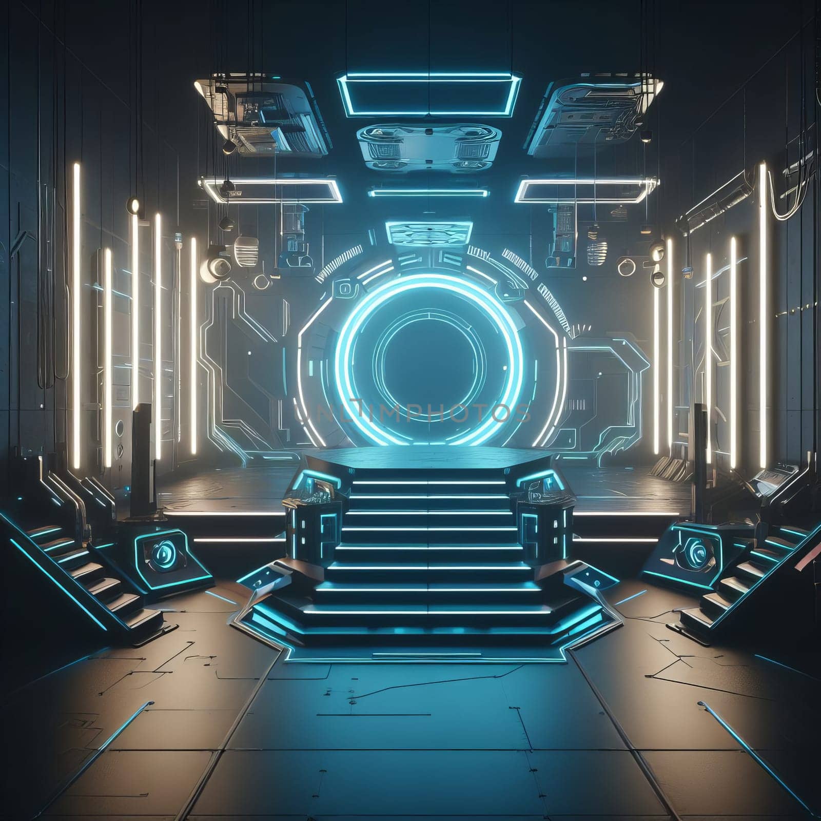 Futuristic teleport gate. Sci-fi portal with blue neon lights and a dark background. by sfinks