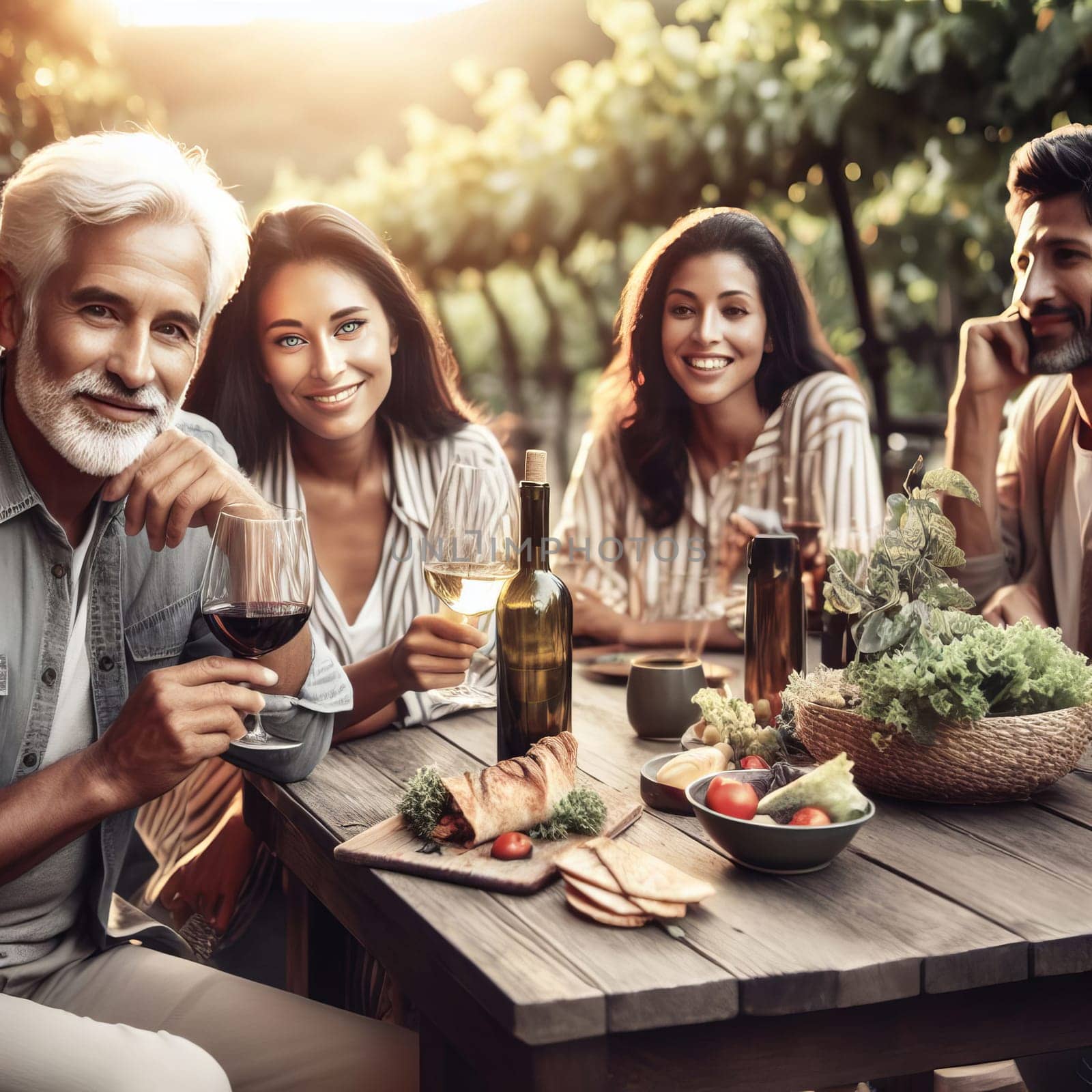 Friends enjoying a summer garden party with wine and food on a rustic wooden table