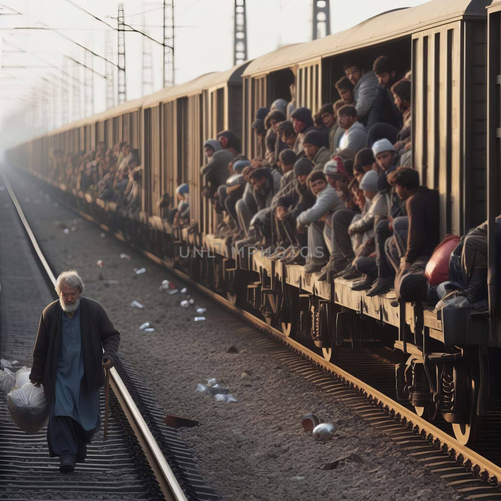 Freight car overcrowded with refugees. Train with people moving along tracks with alone man walking along the railway tracks. by sfinks