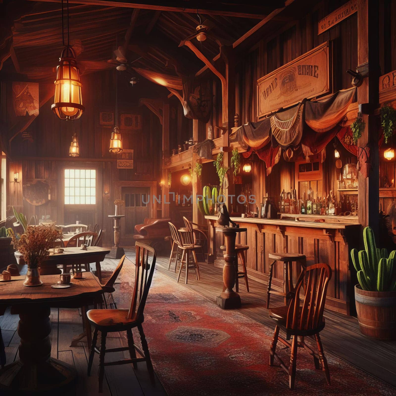 Rustic western saloon with bar, tables, chairs, and vintage decor. by sfinks