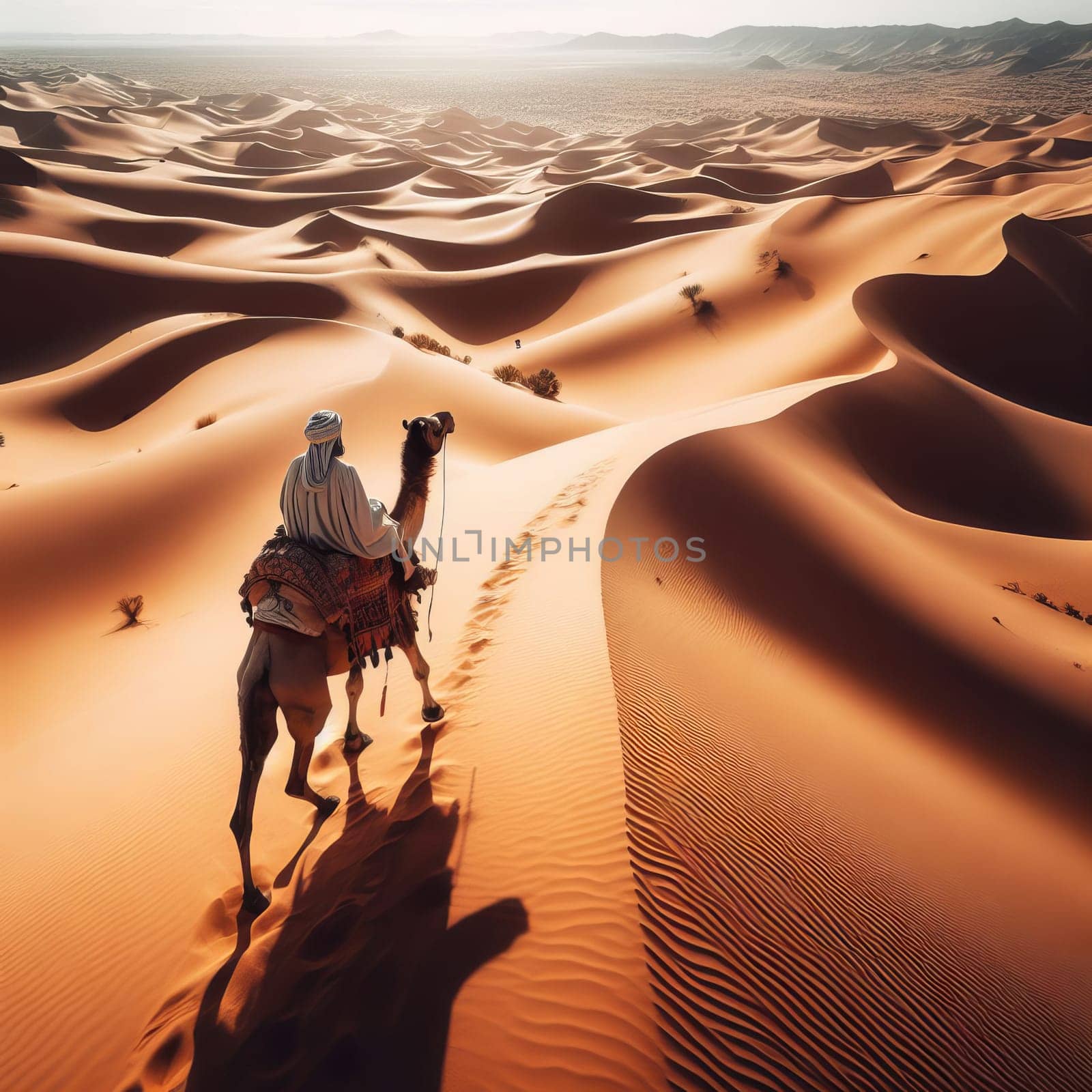 Man riding a camel in the desert with sand dunes in the background