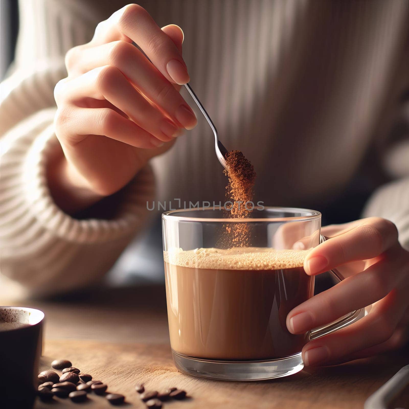 Woman hand sprinkling brown sugar into coffee mug. by sfinks